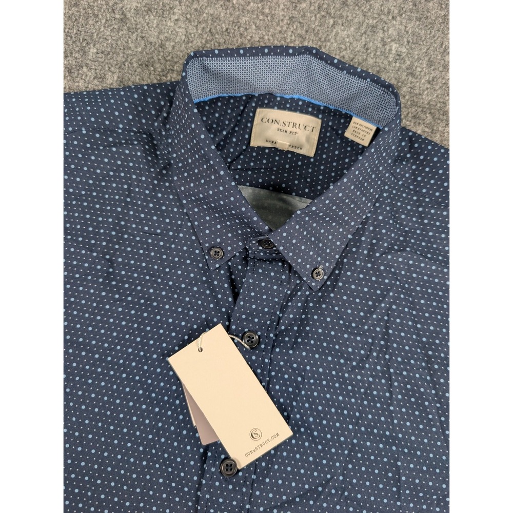 Con.Struct 4 Way Stretch Short Sleeve Button Shirt‎ Mens Large Blue Dots NWT